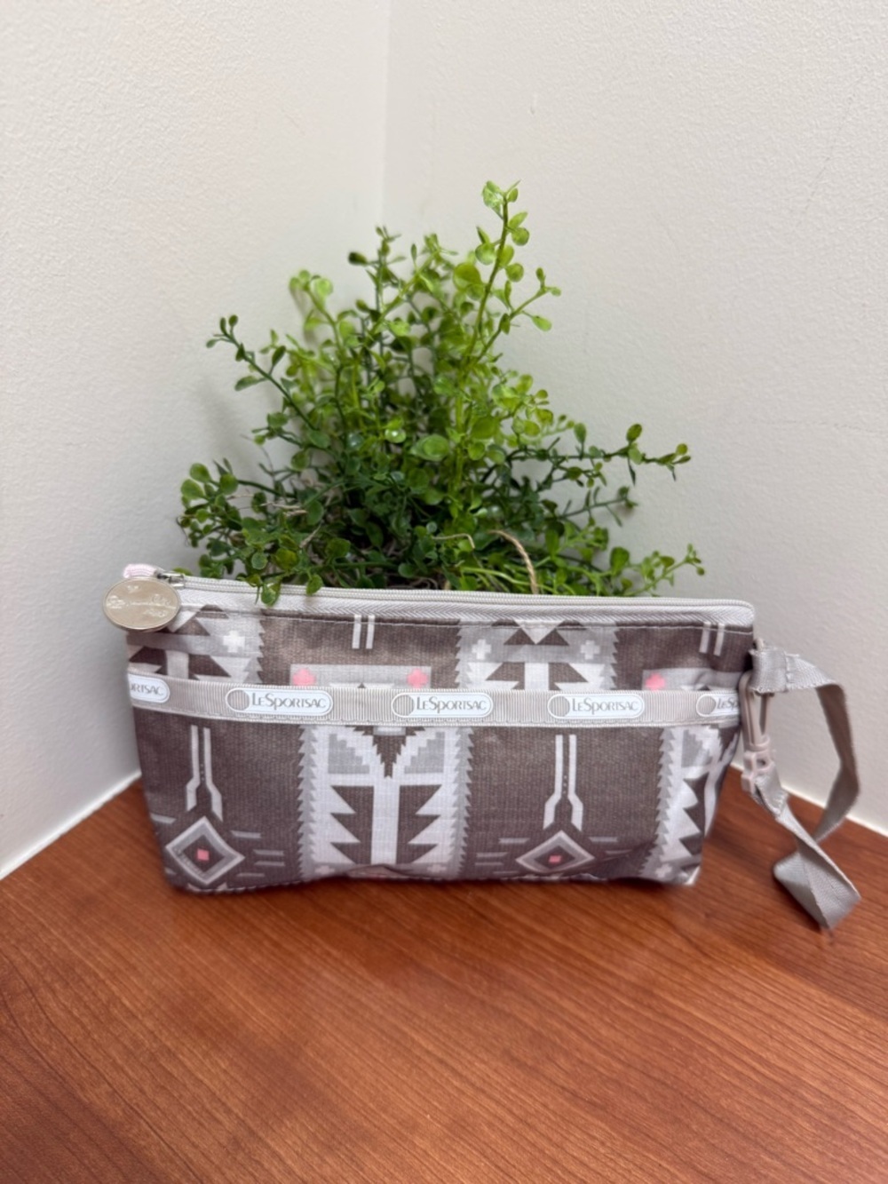 LeSportsac Gray Southwestern Print Wristlet with Pink Accents